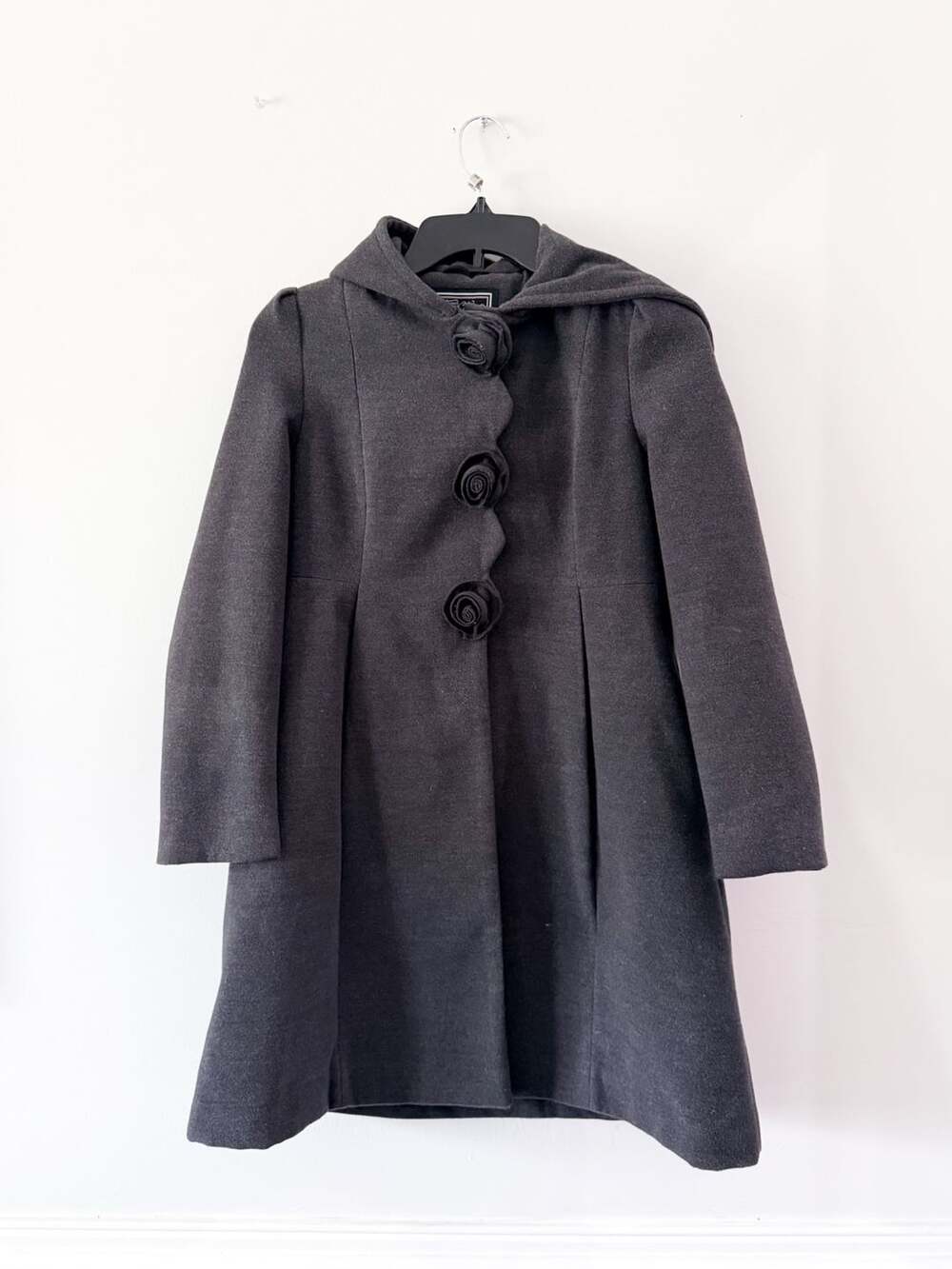 Rothschild Long Grey Hooded Faux Wool Rosette Buttons Dark Charcoal Girl's 14